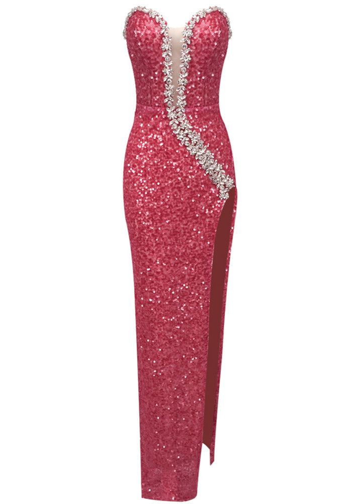Strapless Crystal Sequin Maxi Dress Watermelon