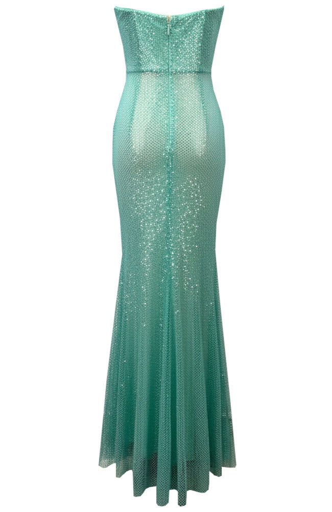 Strapless Crystal Sparkly Maxi Dress Green