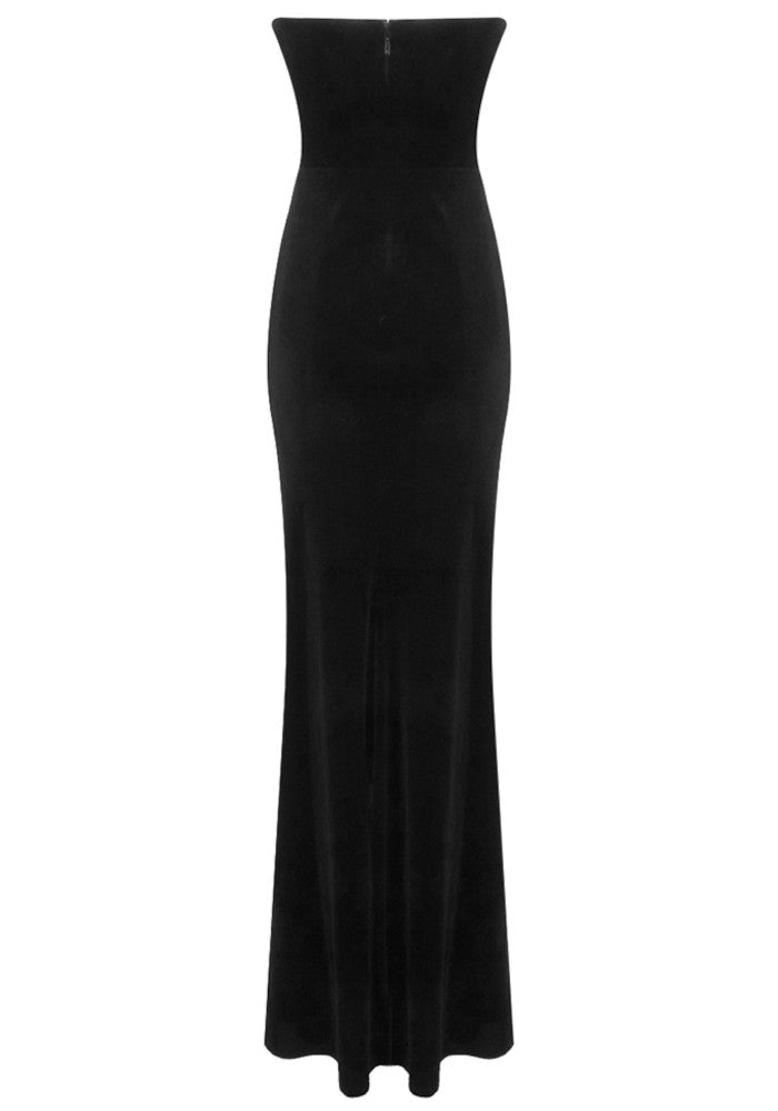 Strapless Crystal Spiral Maxi Velvet Dress Black
