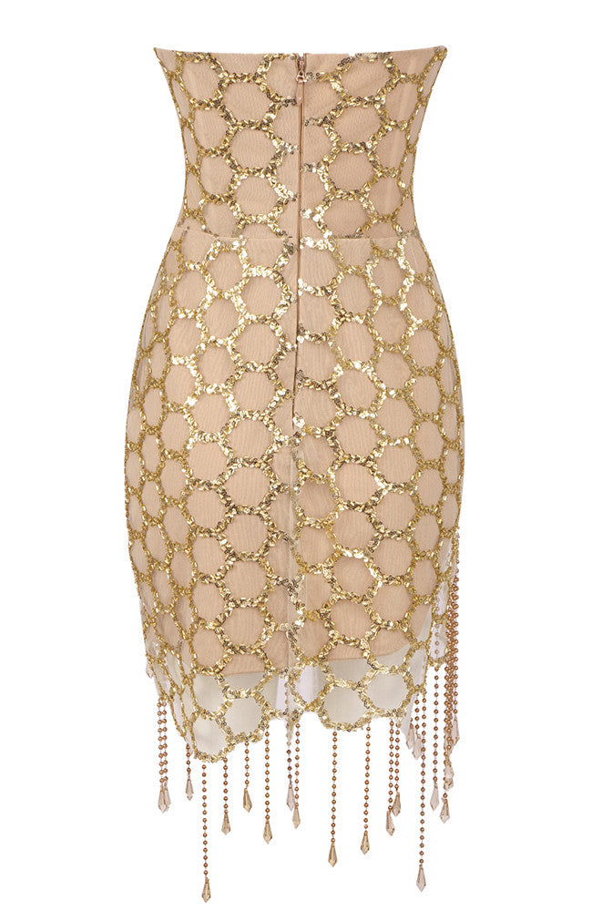 Strapless Crystal Tassel Dress Gold