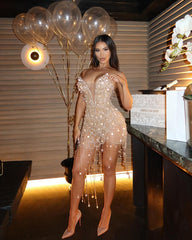 Strapless Crystal Tassel Dress Gold