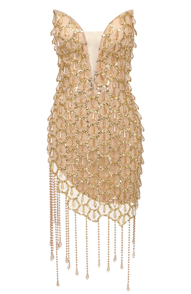 Strapless Crystal Tassel Dress Gold