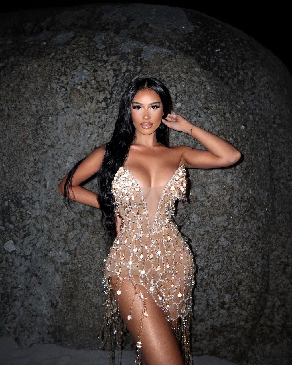 Strapless Crystal Tassel Dress Gold