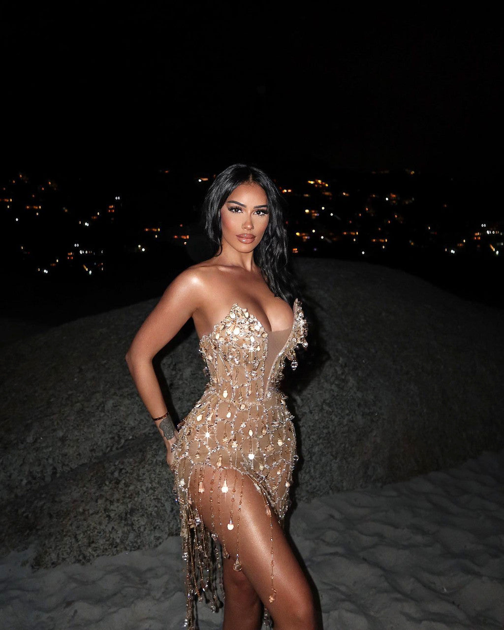 Strapless Crystal Tassel Dress Gold