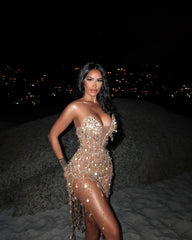 Strapless Crystal Tassel Dress Gold