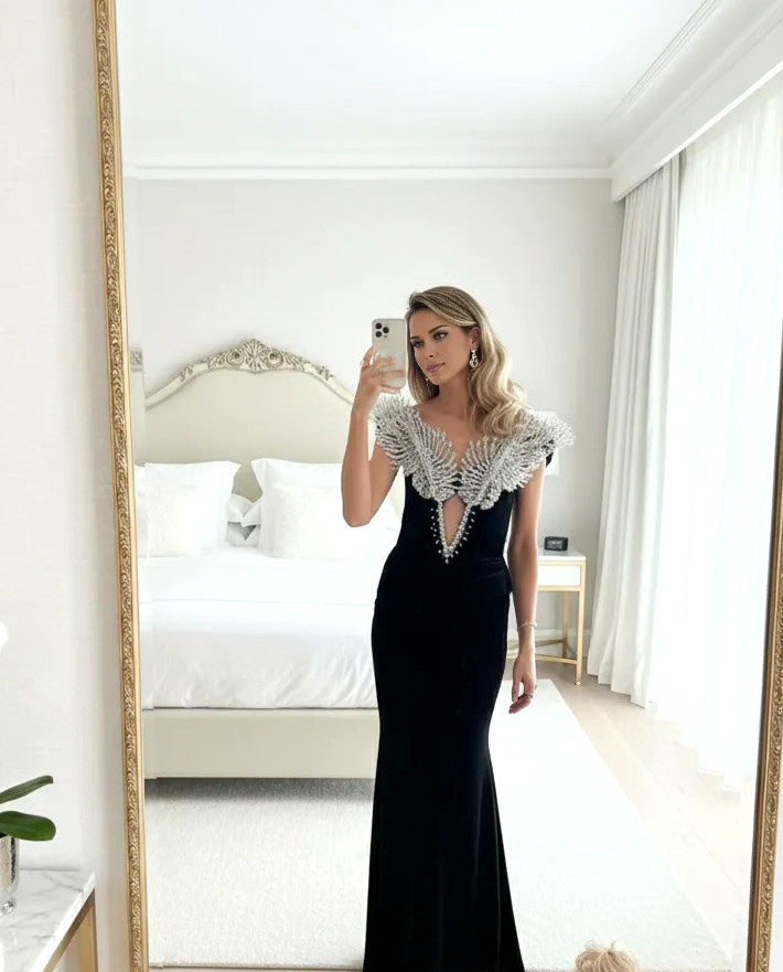 Strapless Crystal Wings Maxi Velvet Dress Black