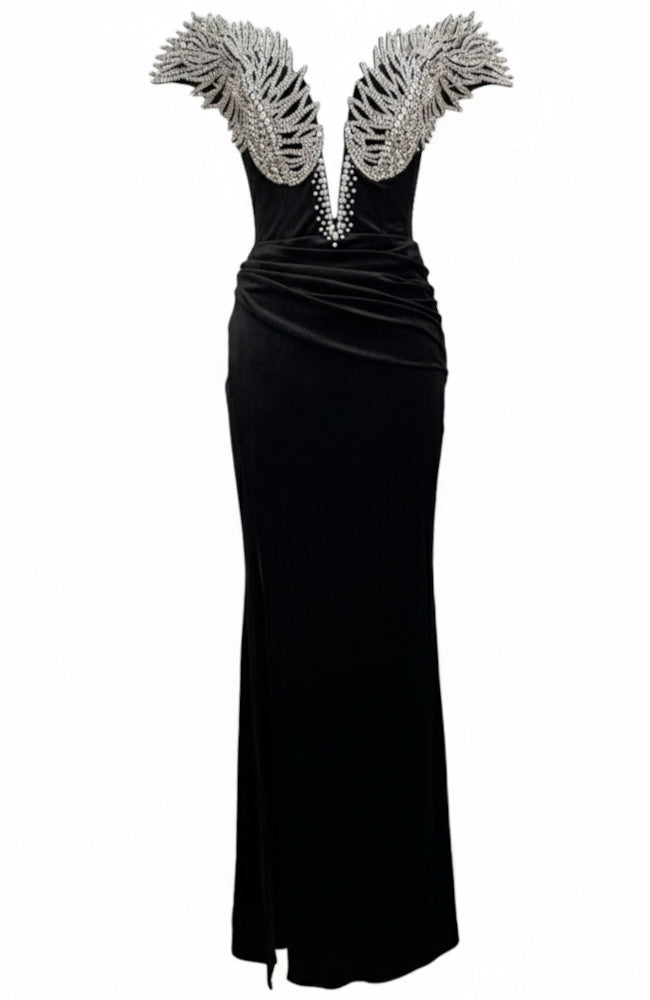 Strapless Crystal Wings Maxi Velvet Dress Black