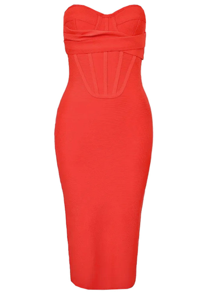 Strapless Bustier Midi Dress Red