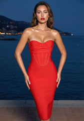 Strapless Bustier Midi Dress Red