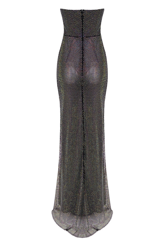 Strapless Crystal Draped Maxi Dress Black