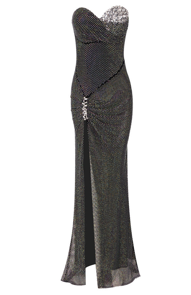 Strapless Crystal Draped Maxi Dress Black