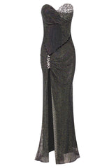 Strapless Crystal Draped Maxi Dress Black