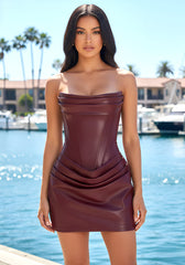 Strapless Draped Corset Faux Leather Dress Burgundy