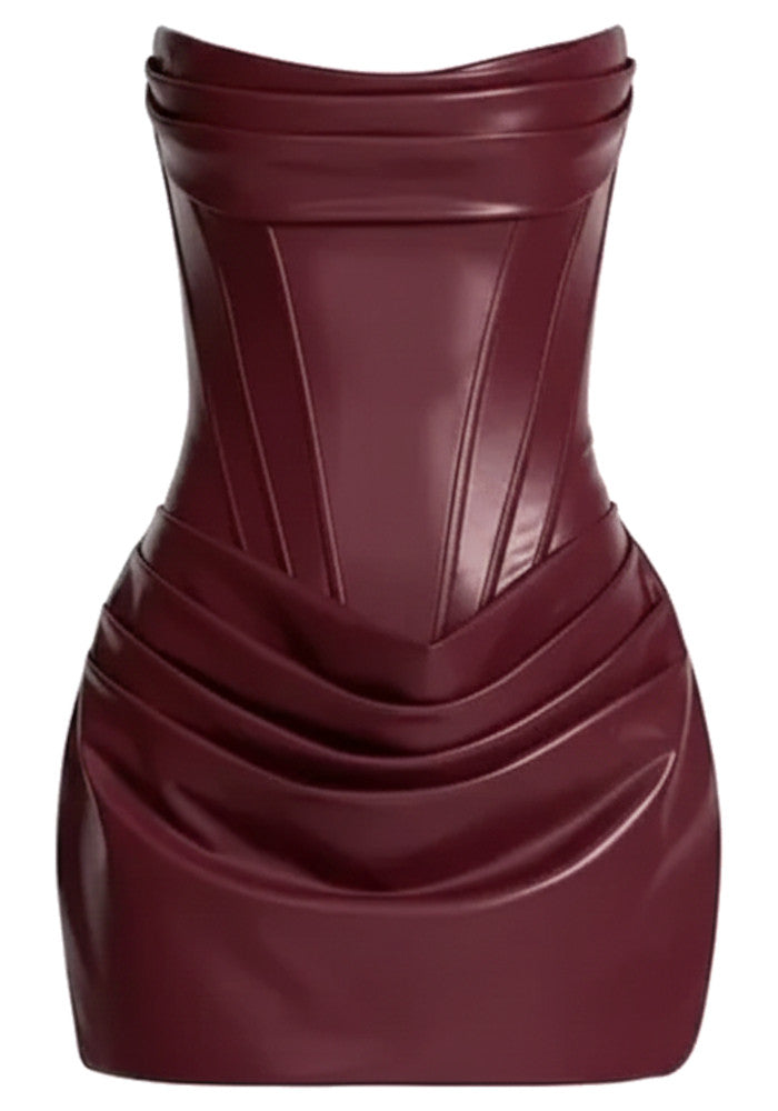 Strapless Draped Corset Faux Leather Dress Burgundy