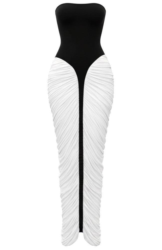 Strapless Draped Corset Maxi Dress Black White