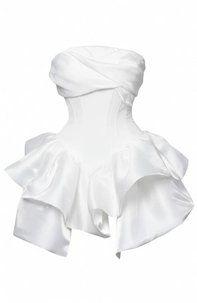 Strapless Draped Ruffle Dress White