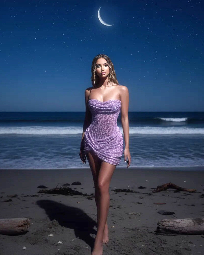 Strapless Draped Sparkly Dress Purple