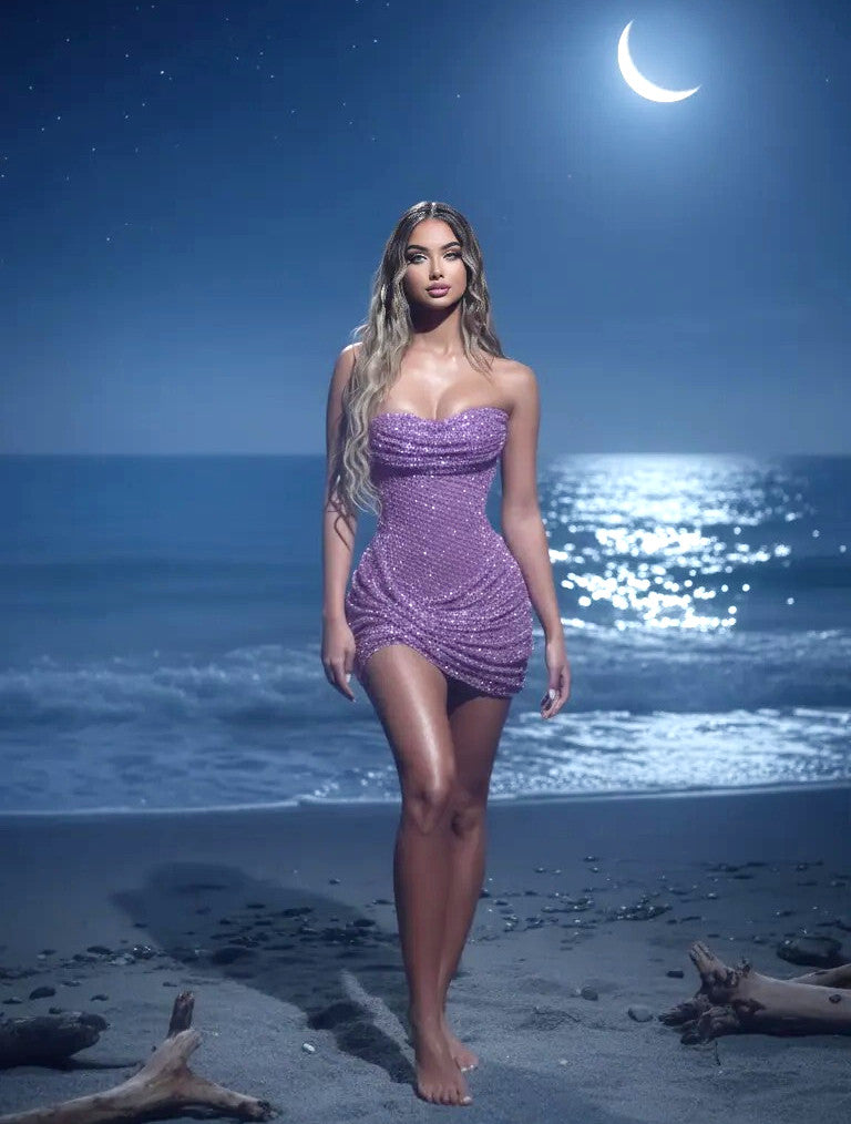 Strapless Draped Sparkly Dress Purple