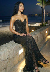 Strapless Draped Sequin Maxi Dress Black