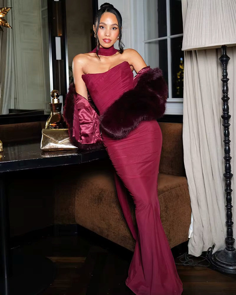 Strapless Draped Two Piece Maxi Dress Burgundy