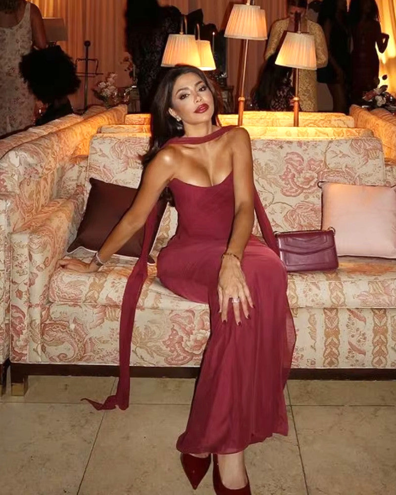 Strapless Draped Two Piece Maxi Dress Burgundy