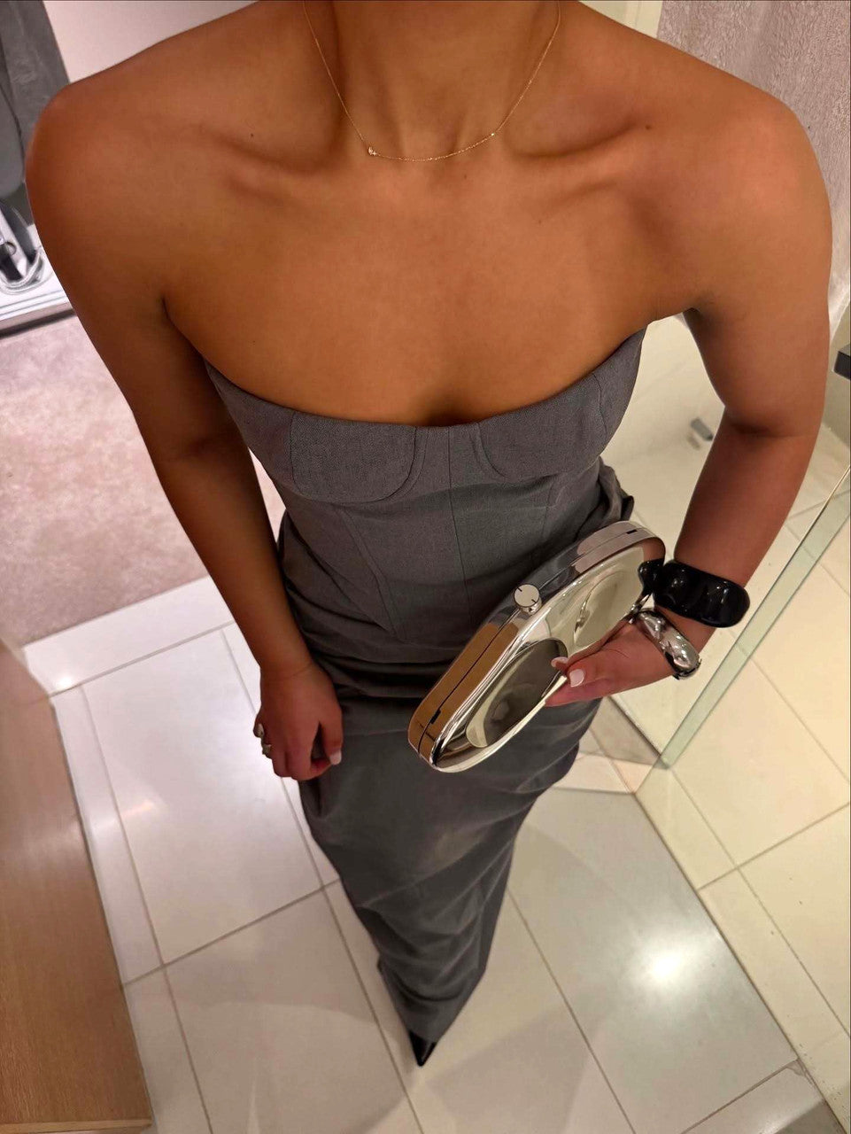 Strapless Draped Two Piece Maxi Dress Grey
