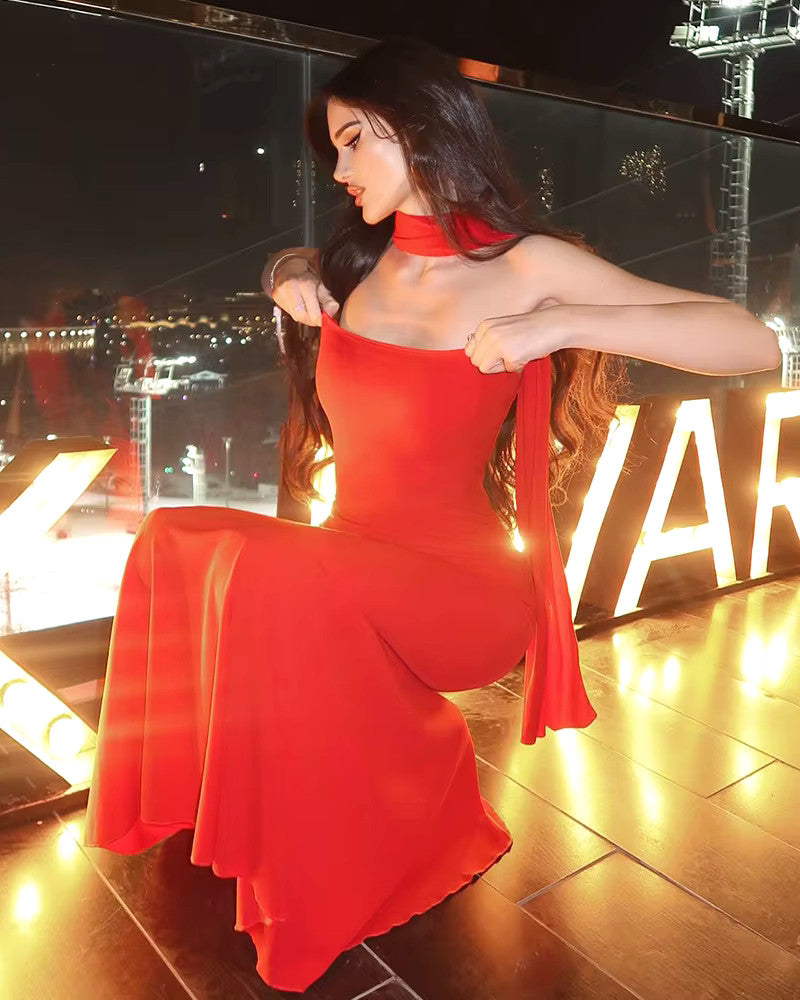 Strapless Draped Two Piece Maxi Dress Red
