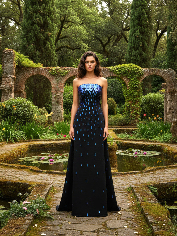 Strapless Embellished A Line Maxi Dress Black