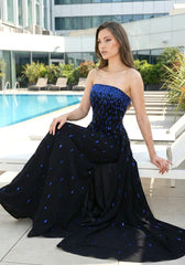 Strapless Embellished A Line Maxi Dress Black Blue
