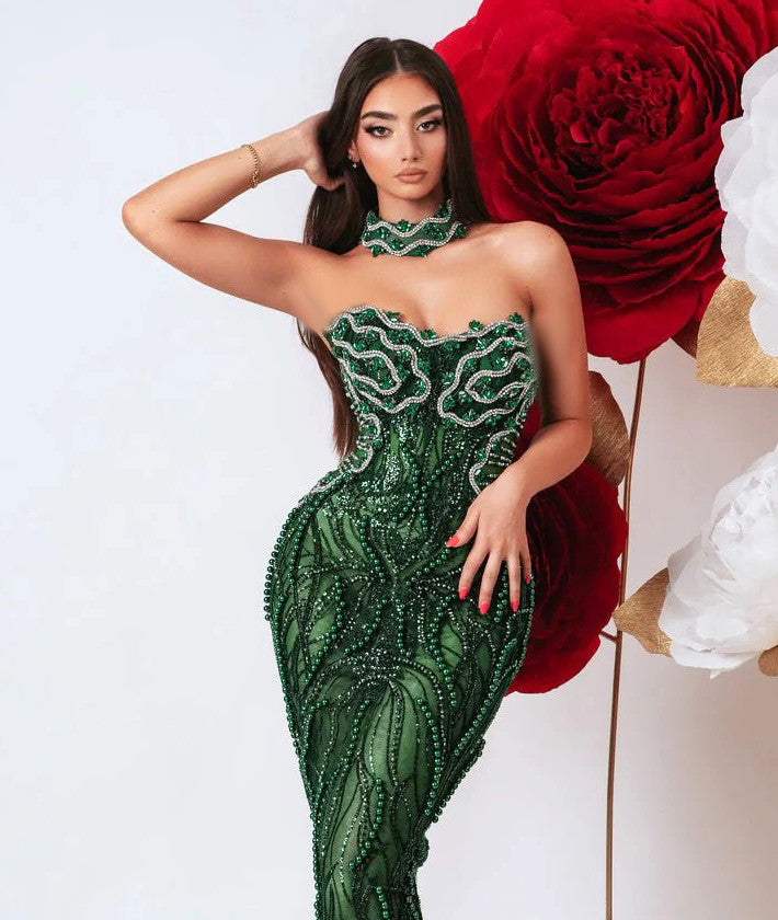 Strapless Embellished Choker Maxi Dress Green