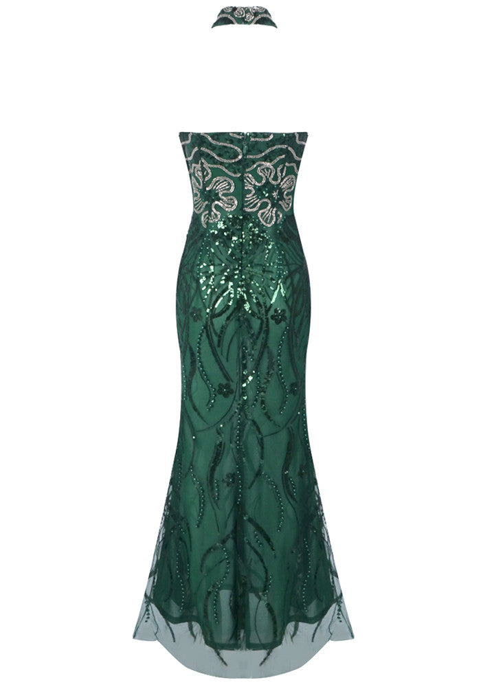 Strapless Embellished Choker Maxi Dress Green