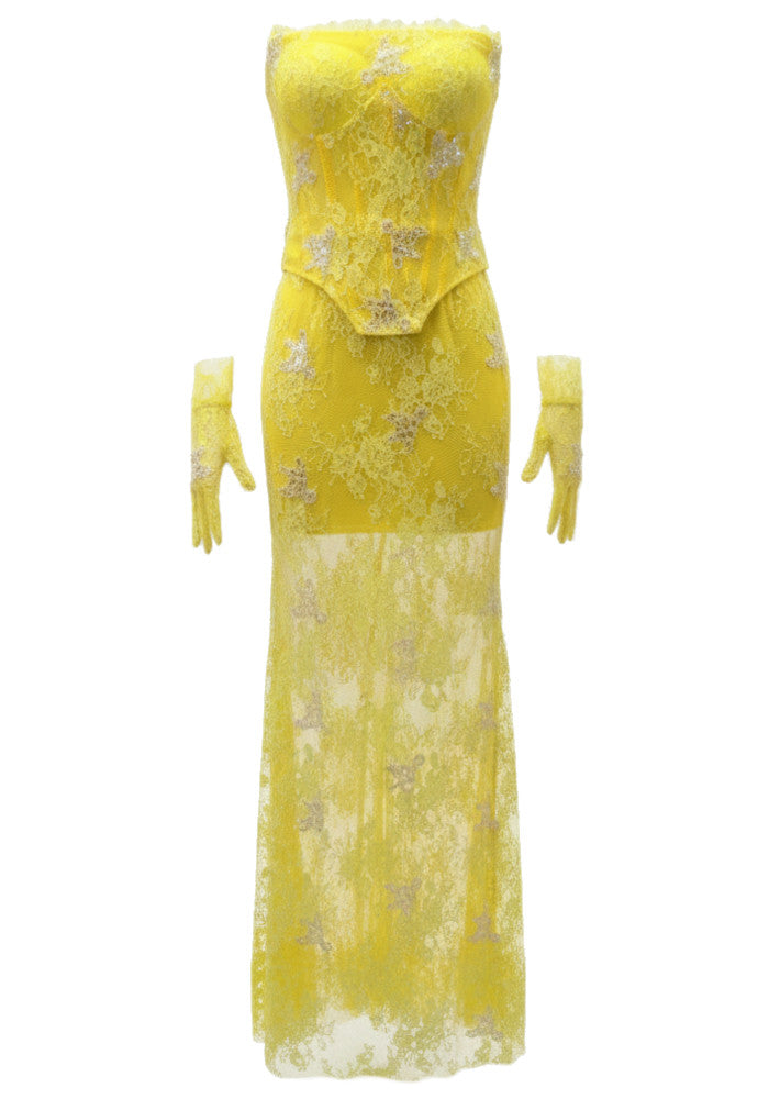 Strapless Embellished Lace Maxi Dress Yellow