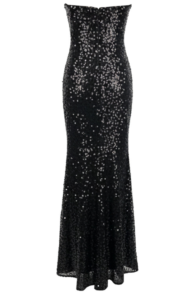 Strapless Embellished Mesh Sequin Maxi Dress Black