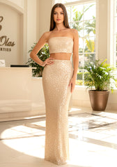 Strapless Embellished Two Piece Maxi Dress Peach