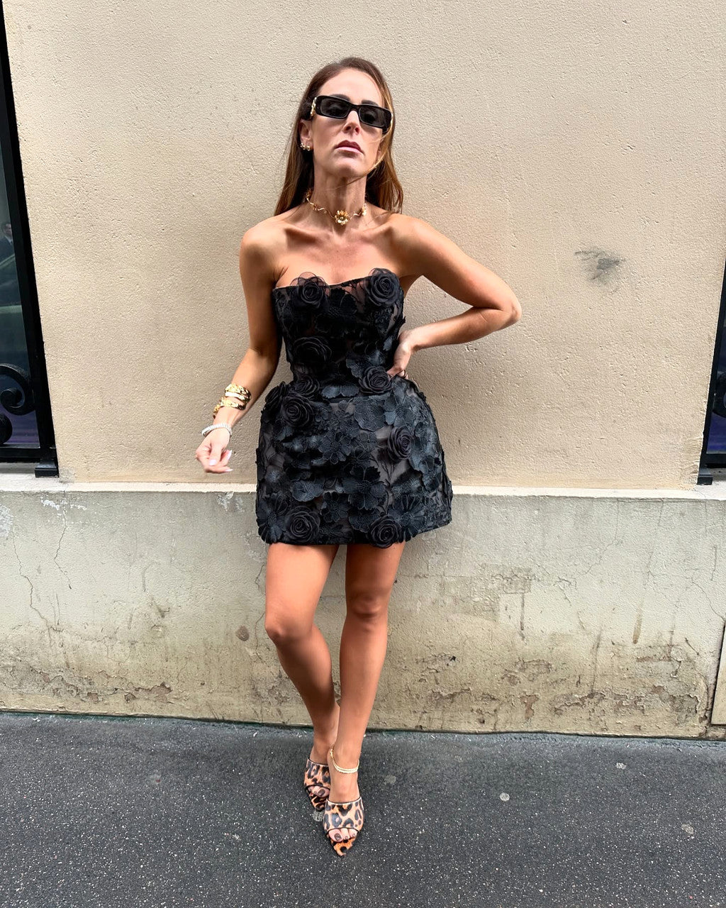 Strapless Embroidered Floral Corset Dress Black
