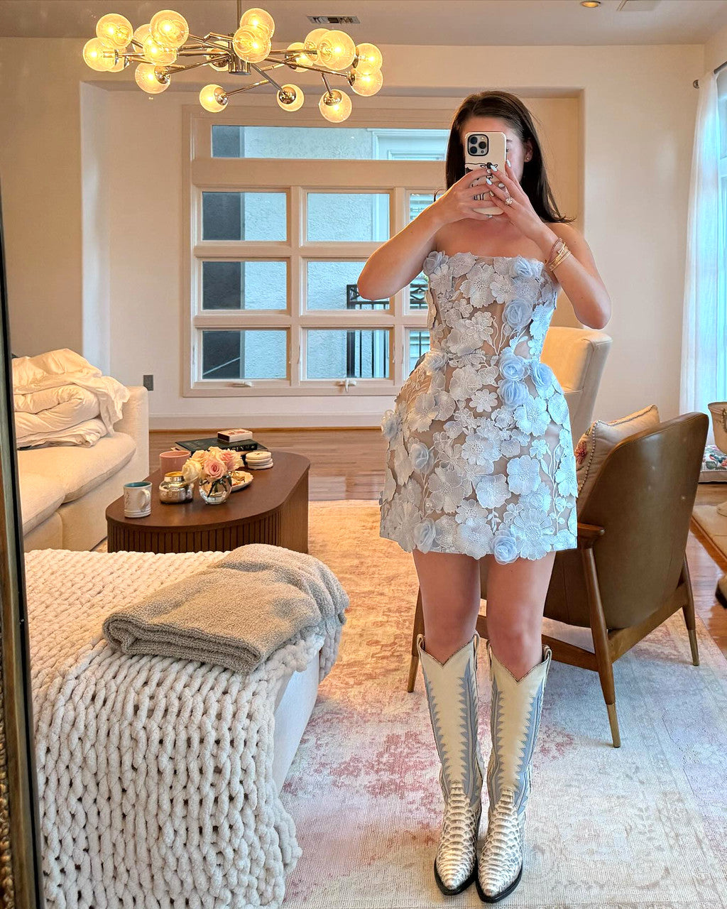 Strapless Embroidered Floral Corset Dress Blue