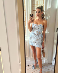 Strapless Embroidered Floral Corset Dress Blue