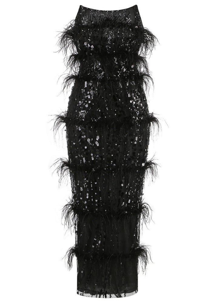 Strapless Feather Sequin Maxi Dress Black