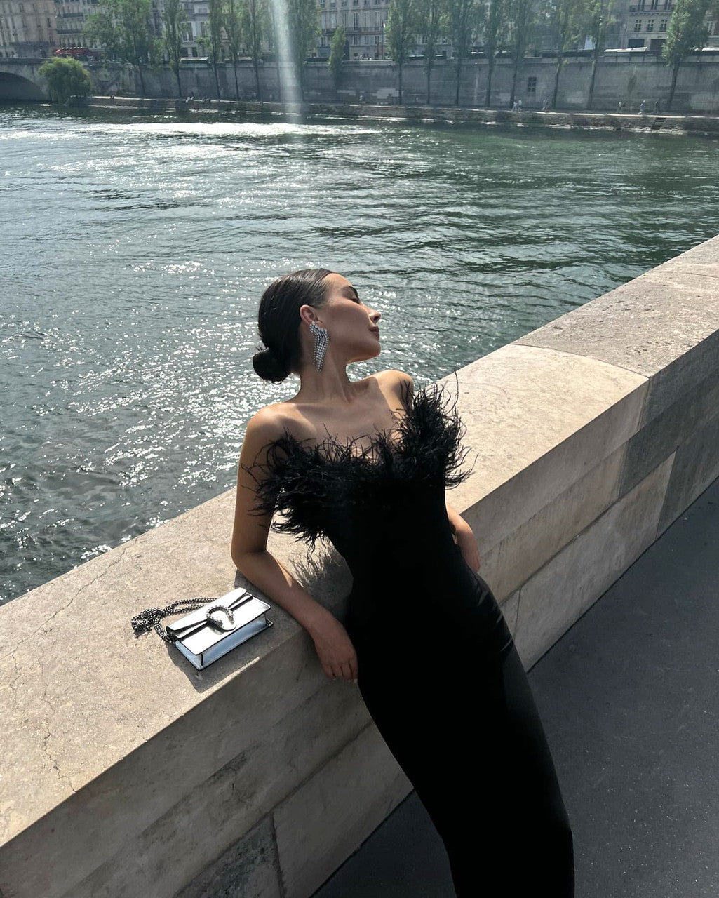 Strapless Feather Detail Maxi Dress Black
