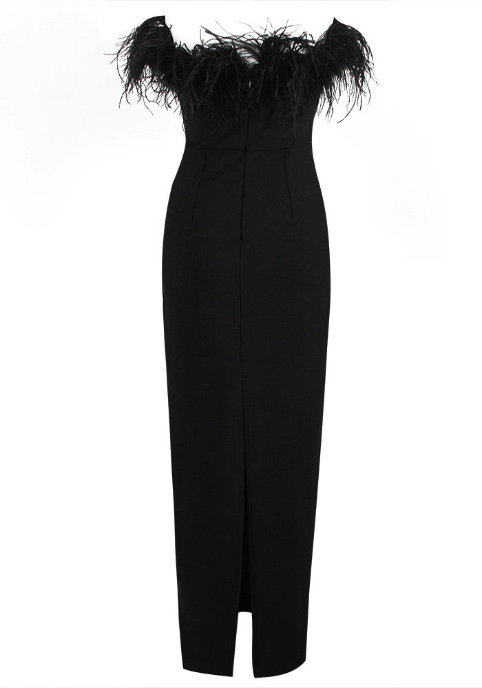 Strapless Feather Detail Maxi Dress Black