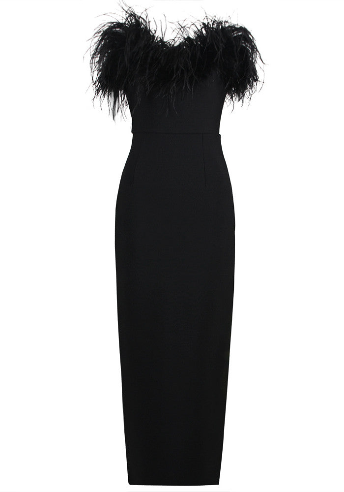 Strapless Feather Detail Maxi Dress Black