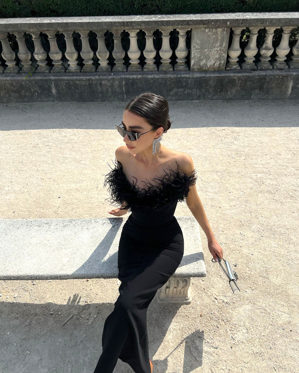Strapless Feather Detail Maxi Dress Black
