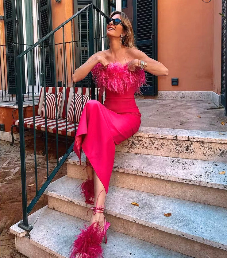 Strapless Feather Maxi Dress Hot Pink