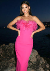 Strapless Feather Maxi Dress Hot Pink