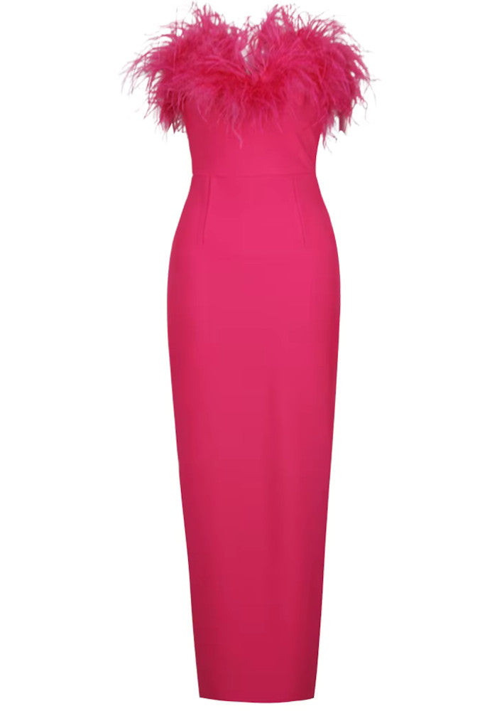 Strapless Feather Maxi Dress Hot Pink