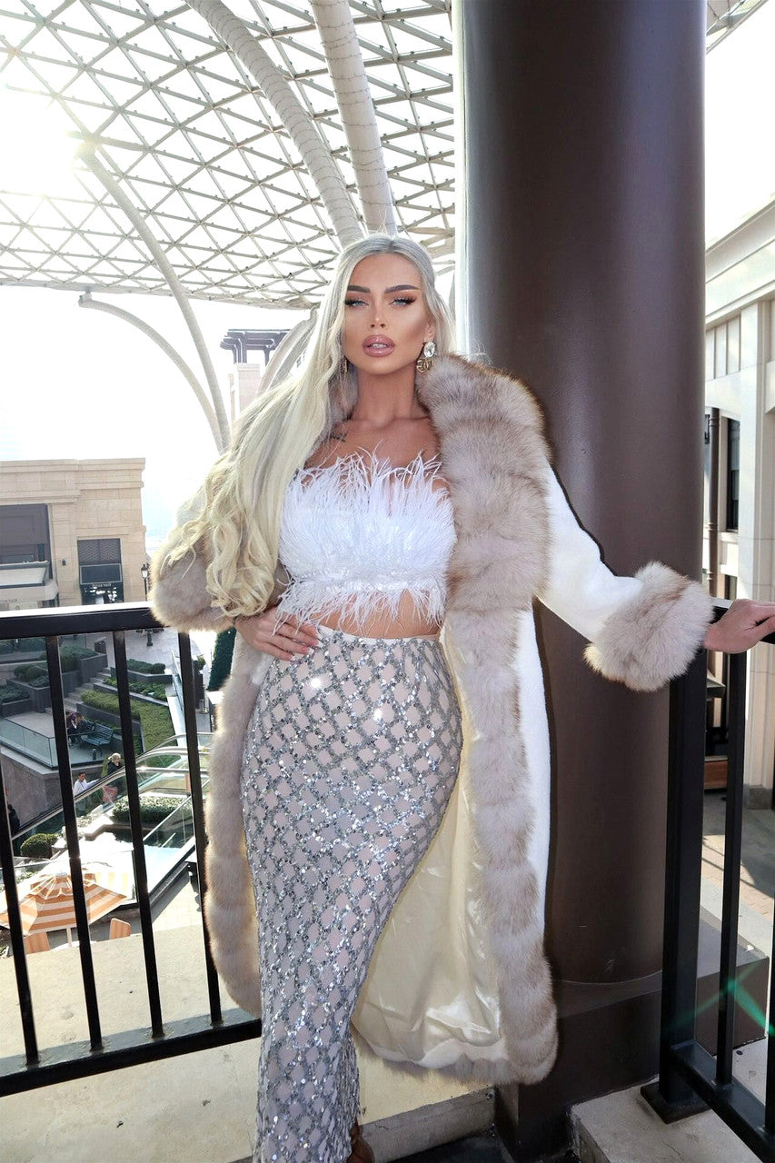 Strapless Feather Midi Two Piece Dress White