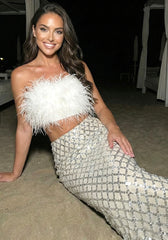 Strapless Feather Midi Two Piece Dress White