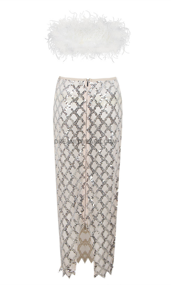 Feather Strapless Midi Two Piece Dress White