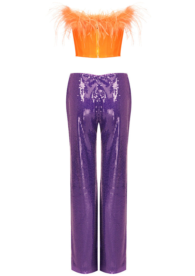 Strapless Feather Two Piece Jumpsuit Orange Purple