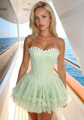 Strapless Floral Skater Dress Green